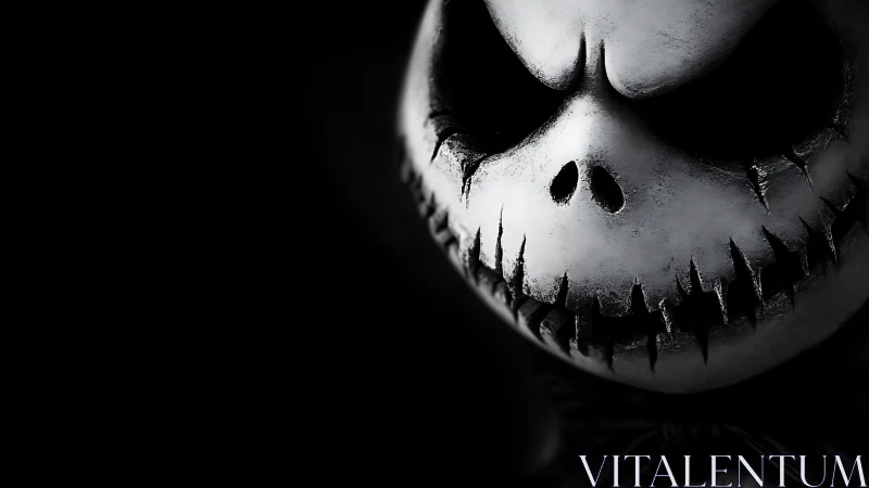 Monochrome close-up of stylized skull face in shadowed frame.