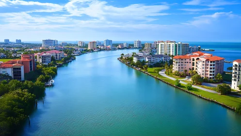 Coastal canal skyline with modern waterfront condos at bayfront.