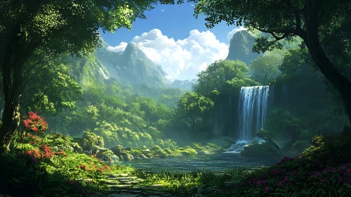 Lush rainforest waterfall vista in luminous digital painting style.