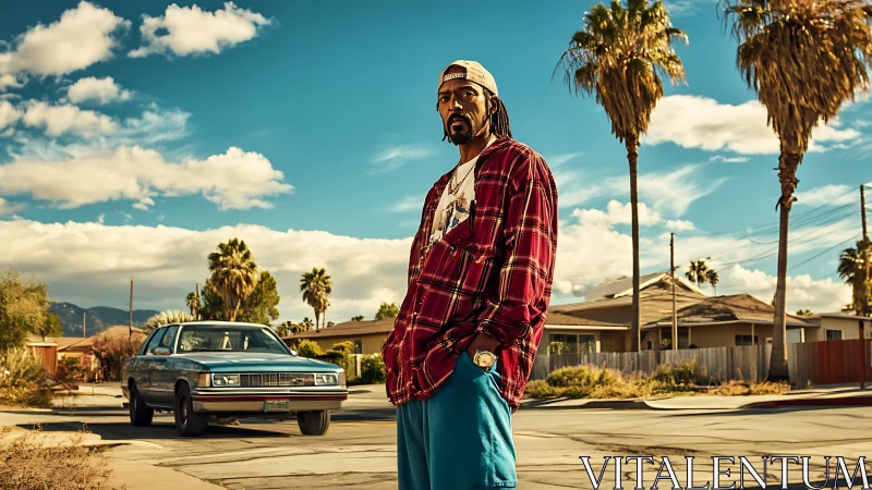 Street portrait under desert sky with vintage blue sedan.
