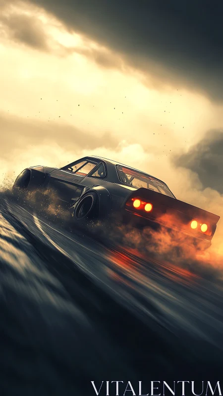 Retro drift car in cinematic dusk rain with glowing exhaust