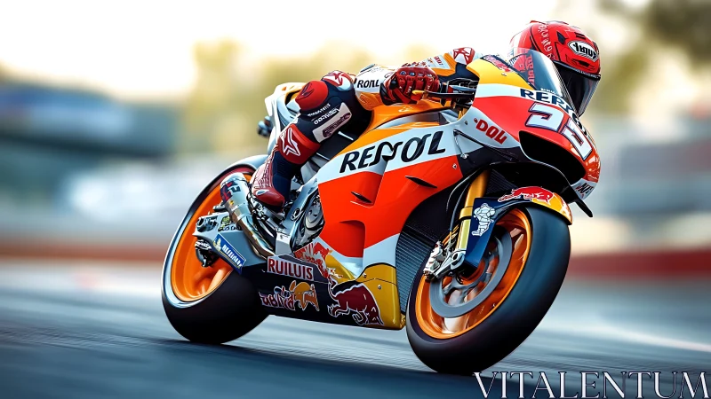 Motorcycle racer on Repsol Honda leaning through racetrack corner.