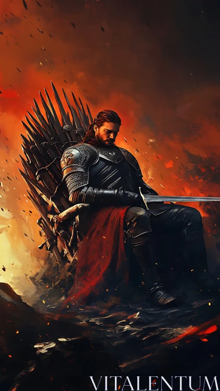 Armored warrior on spiked throne amid volcanic firestorm