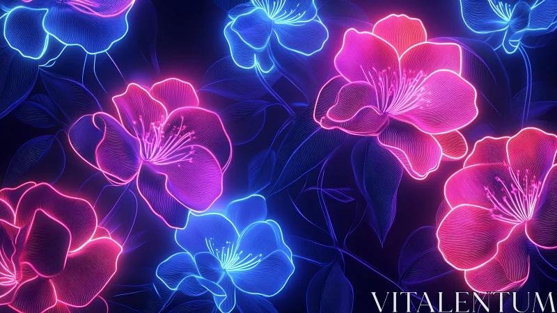 Neon line-art floral pattern with blue and magenta glow fields.