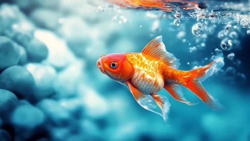 Bright goldfish drifting through bubbles in a dreamy blue sea.