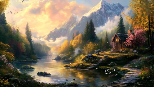 Mountain cabin beside reflective river at golden sunrise.