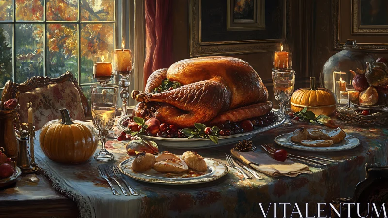 Golden roasted turkey anchors an opulent autumn banquet scene
