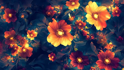 Radiant Floral Composition with Glowing Dahlias Against Deep Teal Background