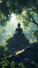 Forest Buddha statue glows through misty emerald canopy.