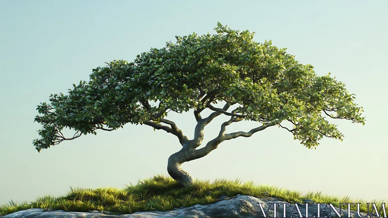 Wind-shaped solitary tree on rocky knoll, high-detail render.