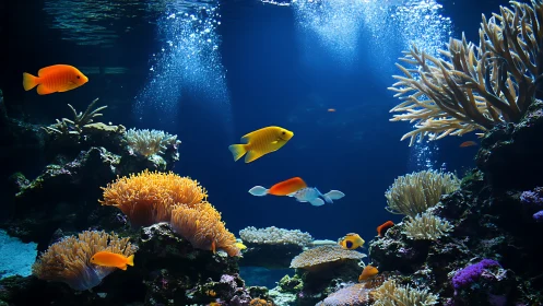 Tropical reef fish circle dense corals in blue aquarium light