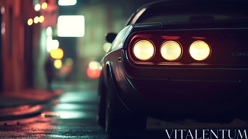 Classic muscle car tail lights glow on wet city street