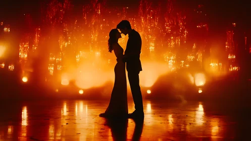 Silhouetted Couple Kissing Against Fiery Urban Backdrop.