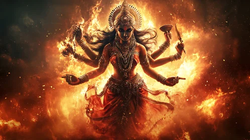 Radiant fire goddess emerging in swirling golden flames.