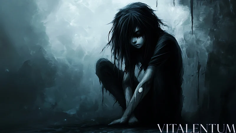 Solitary dark-haired figure crouched in cold blue shadows.