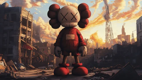 Quiet toy-like wanderer stands in a glowing ruined cityscape