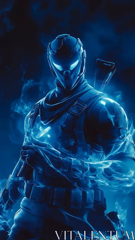 Glowing cyber warrior wrapped in swirling blue energy.