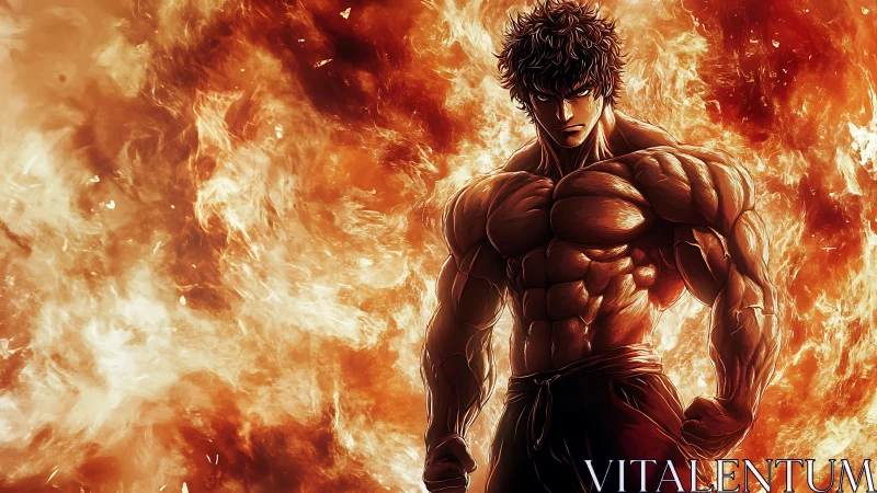 Fire-forged anime warrior dominates blazing inferno backdrop.
