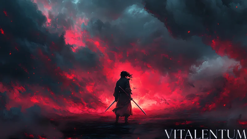 Lone katana duelist amid turbulent crimson stormfield sky.