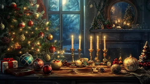 Winter hearth glowing with candlelit Christmas magic.