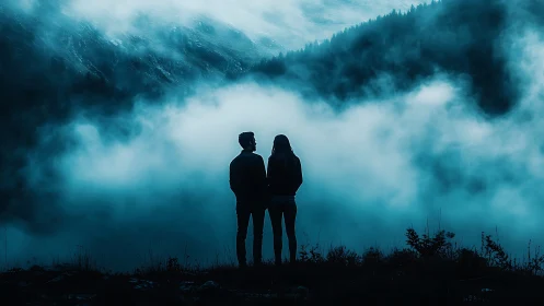 Silhouetted figures observe layered mountain valley engulfed in dense stratified fog