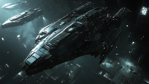 Massive starship convoy glides through a neon-lit void.