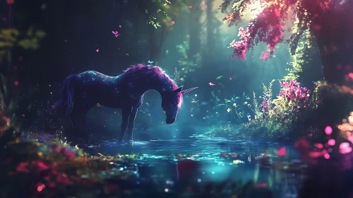 Starlit unicorn pauses to drink where forest light blooms