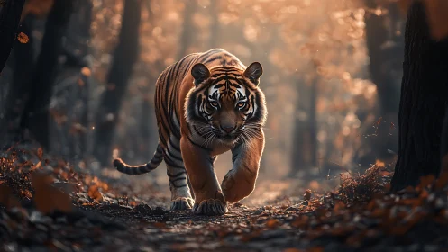 Majestic tiger stalks through misty forest in warm dusk light