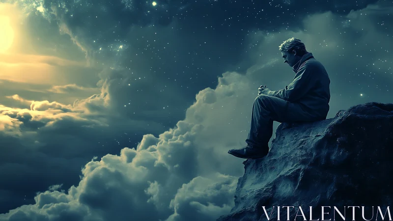 Digital painting of lone figure on celestial cliffscape at dusk.