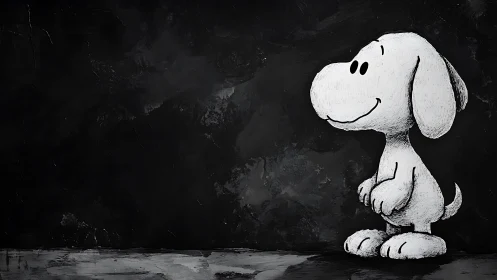 Chalky cartoon pup daydreams against inky midnight void.