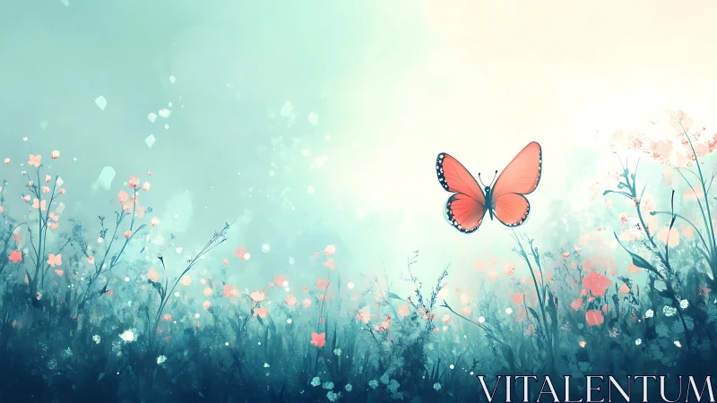 Solitary coral butterfly drifting above misty meadow.