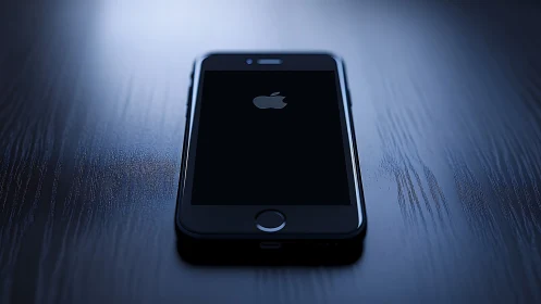 Black iPhone displays Apple logo boot screen on textured surface