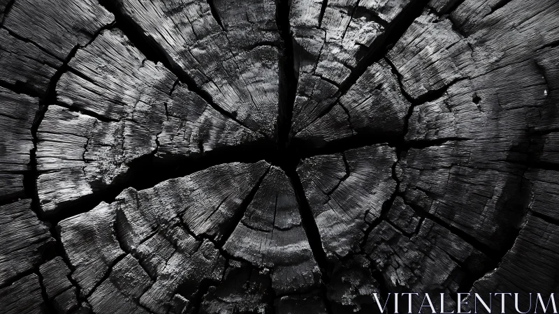 Charred tree rings form stark radial texture in shadow
