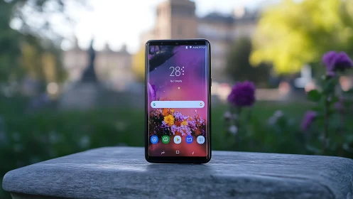 Samsung smartphone displaying vibrant floral home screen in garden setting.