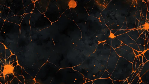 Orange linear splatter network on dark textured ground.