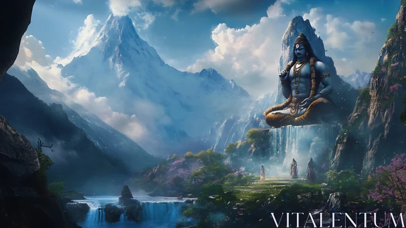 Mystic mountain valley with colossal meditating deity figure.