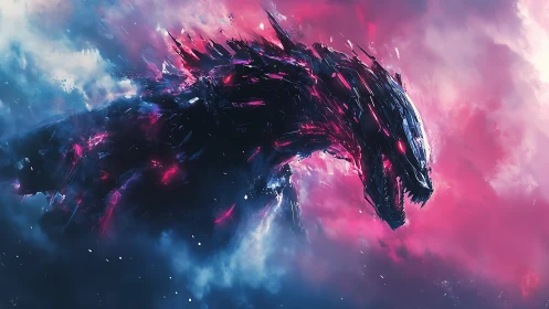 Cyberpunk kaiju construct amid neon stormcloud gradients.