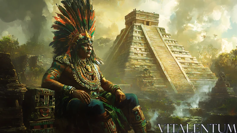 Seated Mesoamerican ruler faces stepped pyramid in jungle