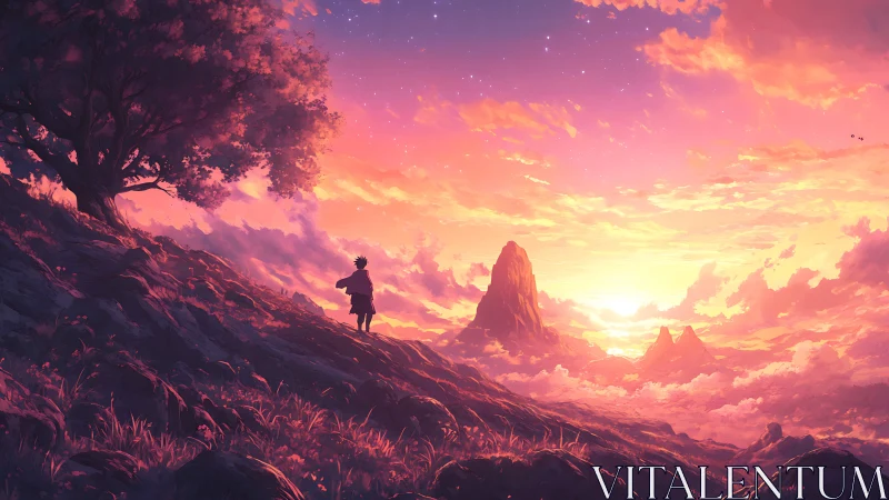 Sunset wanderer on a glowing mountain horizon dreamscape.