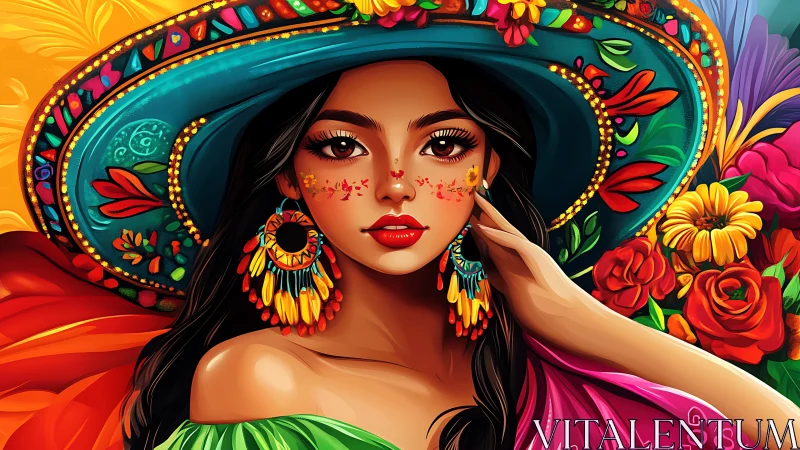 Vibrant Latina portrait in floral hat celebrates bold color.