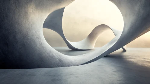 Curved concrete loop pavilion in minimal atmospheric space.