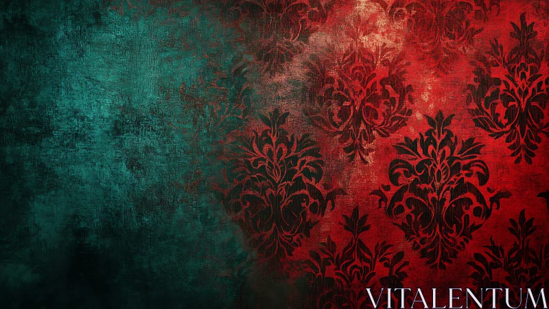 Grunge damask wallpaper shows red to teal gradient with distressed texture