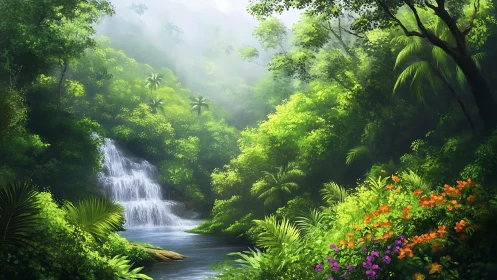 Luminous rainforest waterfall vista in lush digital painting.