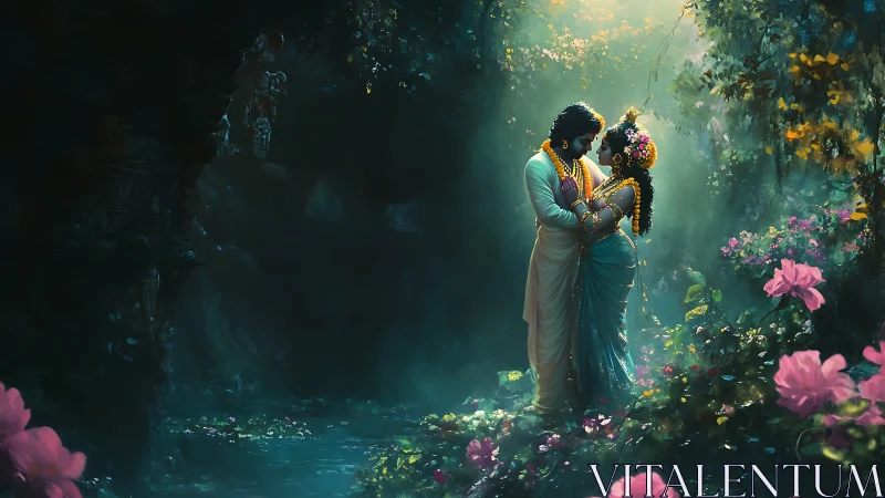 Volumetric Lighting Renders Mythological Figures in Ornate Floral Garden Setting