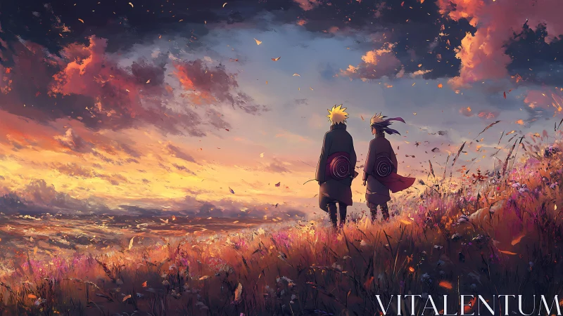 Two anime friends walk a glowing hillside at sunset