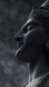 Profile view shows stylized sculpted head in side-lit relief