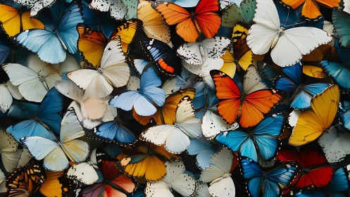 Chromatic butterfly storm swirling in layered sunlit wings.