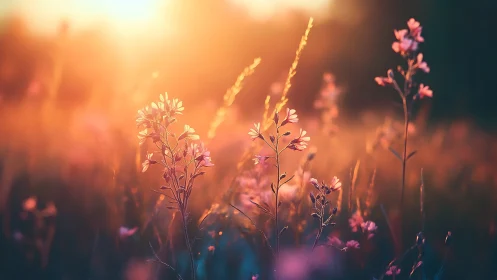 Soft golden sunset meadow with dreamy wildflower glow.