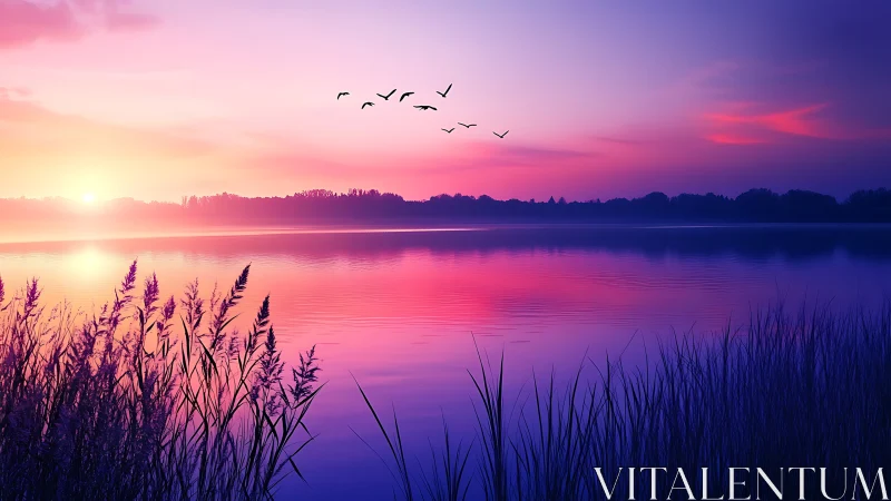 Sunset over calm lake with reeds and distant treeline.