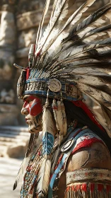 Side profile of indigenous man in feathered ceremonial headdress.